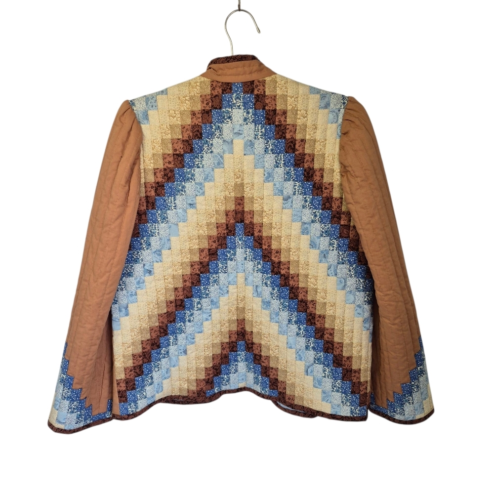 New Handmade Quilted Jacket Blue Tan Brown Cotton Long Sleeve Size Small